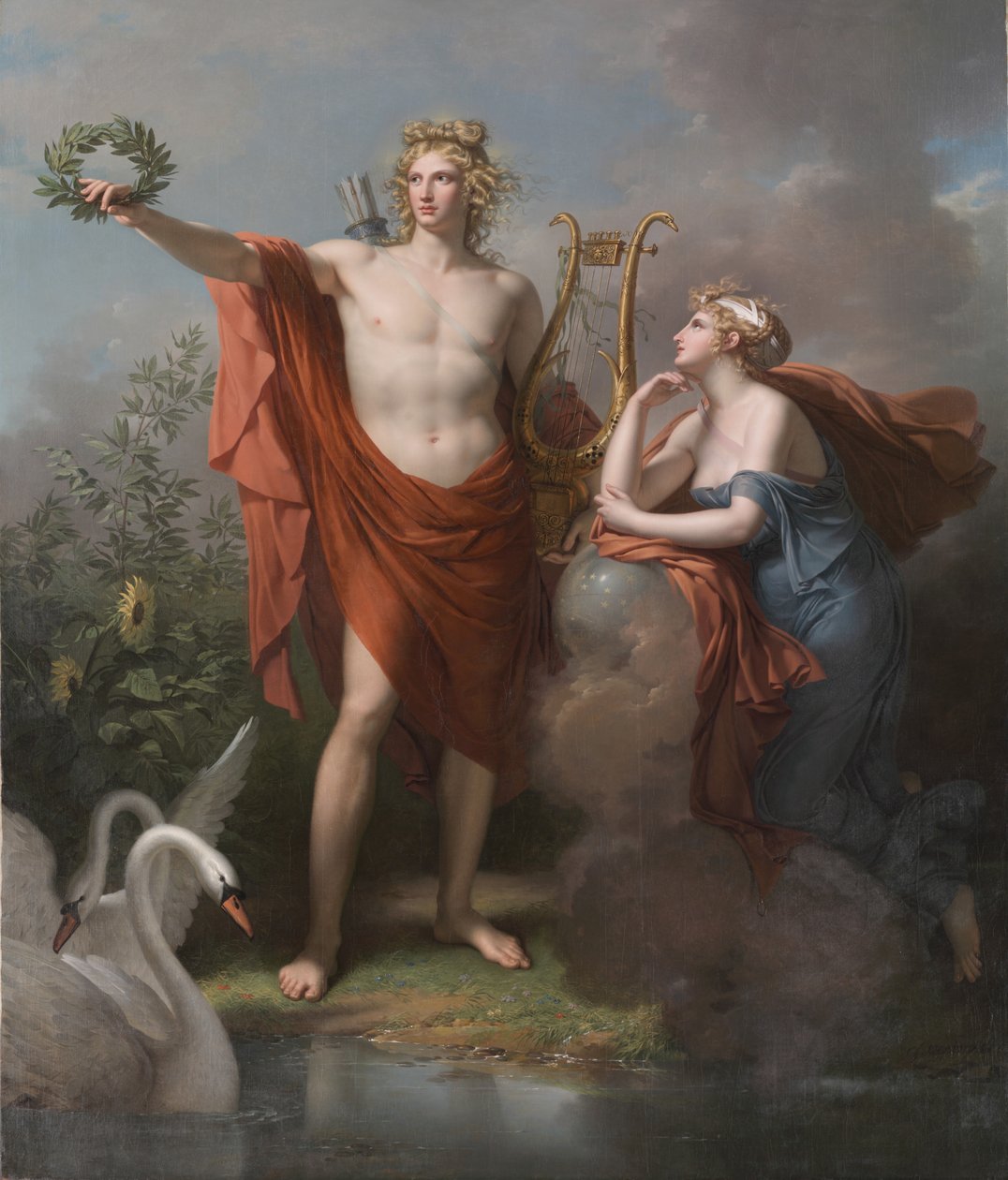 Apolo, Deus da Luz, Eloquência, Poesia e Belas Artes com Urania, Muse of Astronomy, 1789 de Charles Meynier