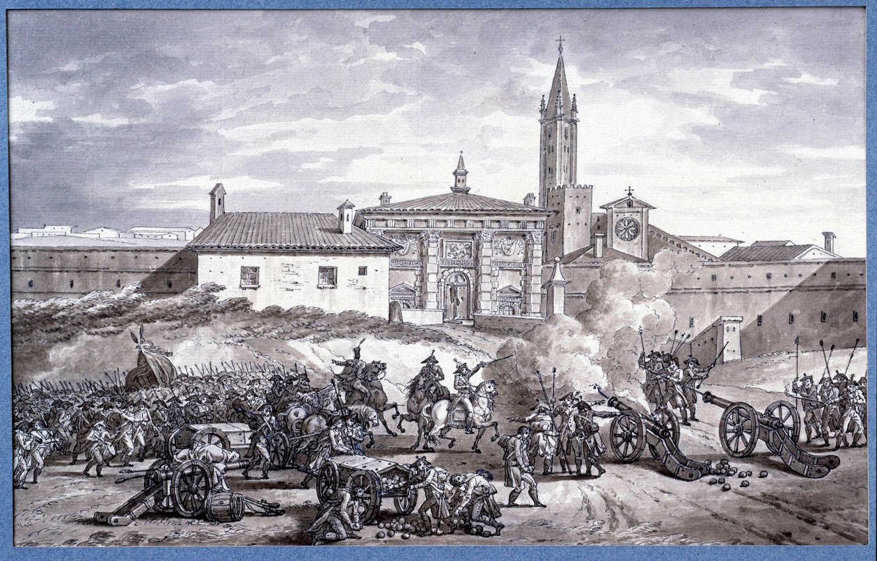 Campanhas da Itália: "Napoleão Bonaparte (1769-1821) e Marechal Augereau colocaram uma porta de Verona na Itália com um canhão em 1796" Desenho na caneta atribuído a Charles Meynier (1768-1832). Dim. 0,25x0,4 m. Paris, Museu do Louvre de Charles Meynier
