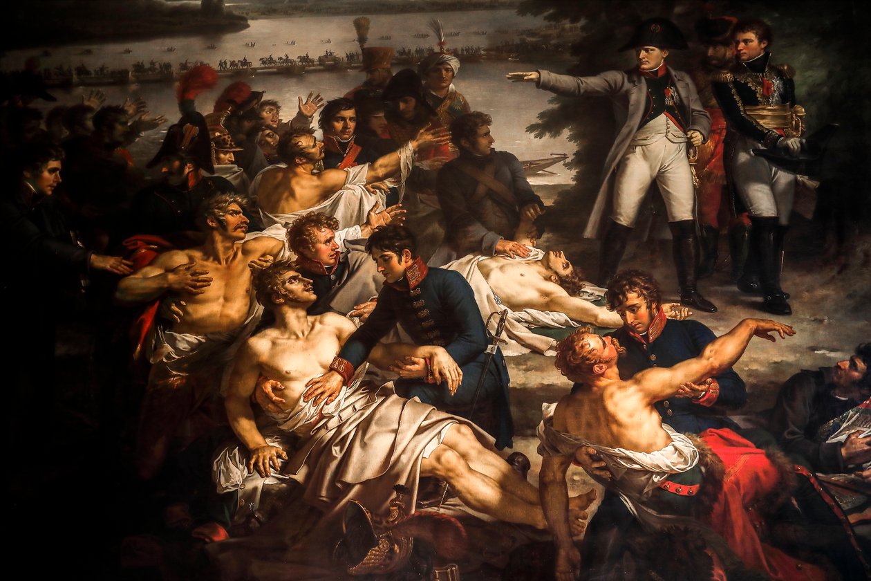 Napoleão visita os soldados feridos na ilha de Lobau de Charles Meynier