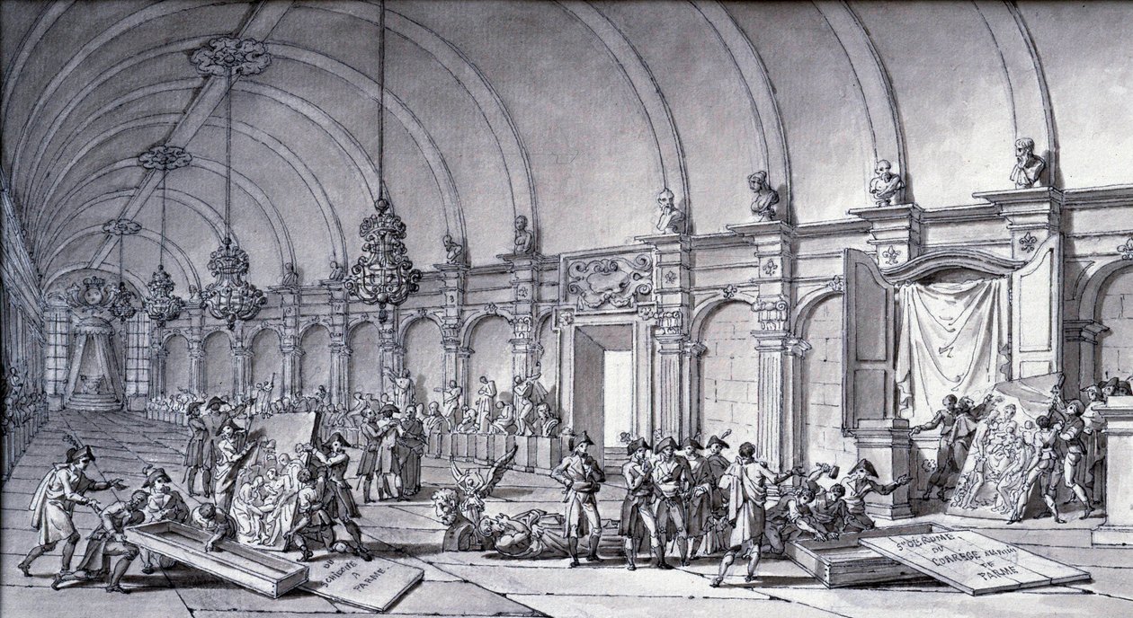 Pilhagem de obras de arte sob o comando de Napoleão Bonaparte: "A Virgem de Correge (Antonio Correggio) foi retirada da Academia de Parma e entregue aos curadores franceses em maio de 1796". Desenho com tinta chinesa de Charles Meynier (1768-1832). Dim. 0, de Charles Meynier