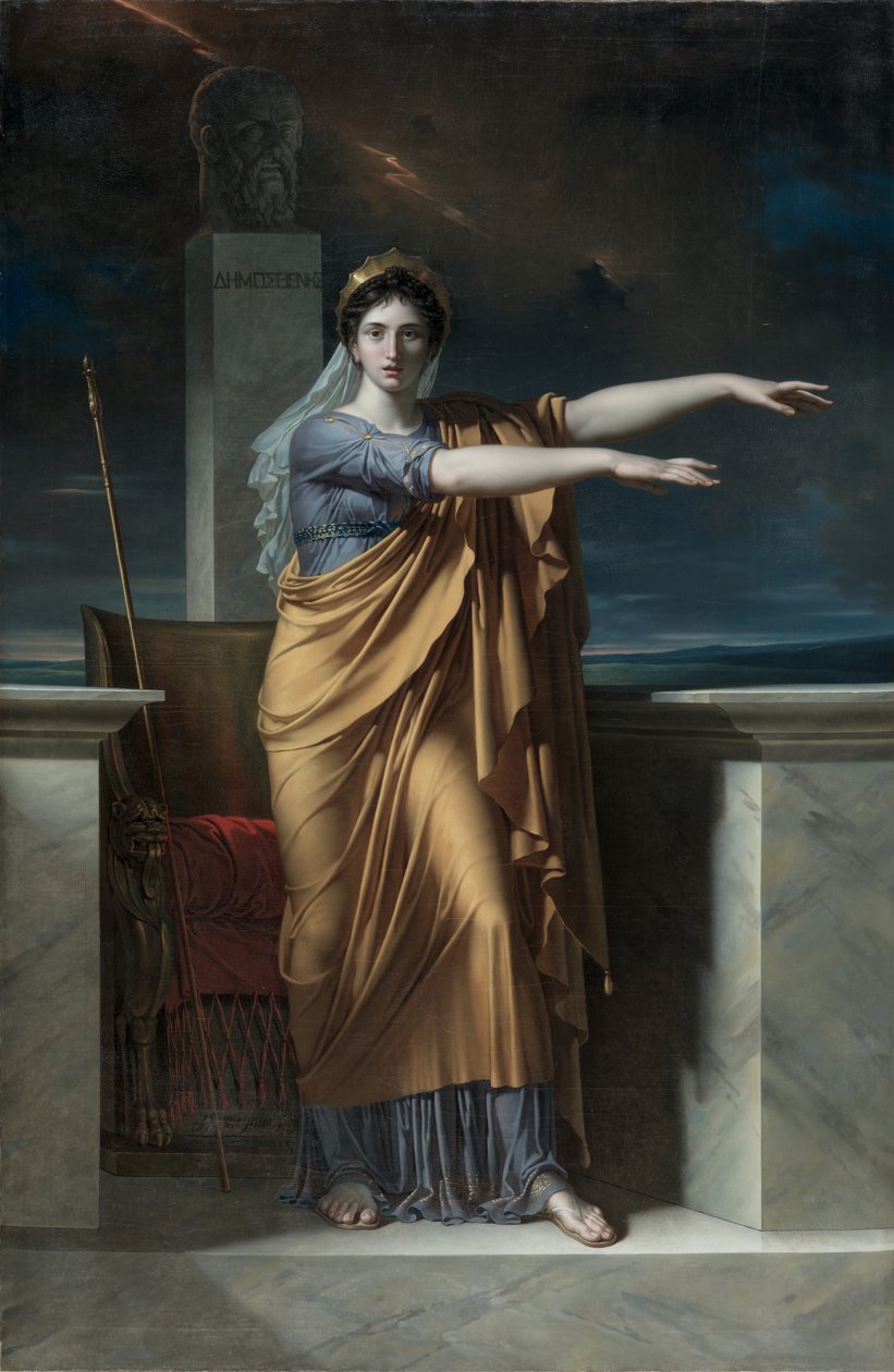 Polyhymnia, Musa da Eloquência; Erato, Musa da Poesia Lírica; Apolo, Deus da Luz, Eloquência, Poesia e Belas Artes com Urania, Musa da Astronomia; Calliope, musa da poesia épica; Clio, musa da história de Charles Meynier