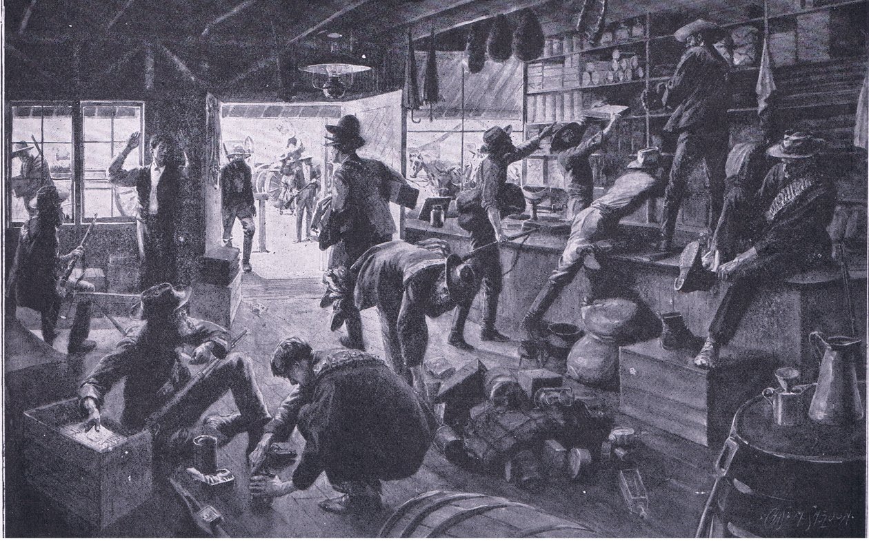 Boers saqueando uma loja na propriedade Grange River, ilustração de After Pretoria: The Guerilla War, 1902 de Charles Mills Sheldon