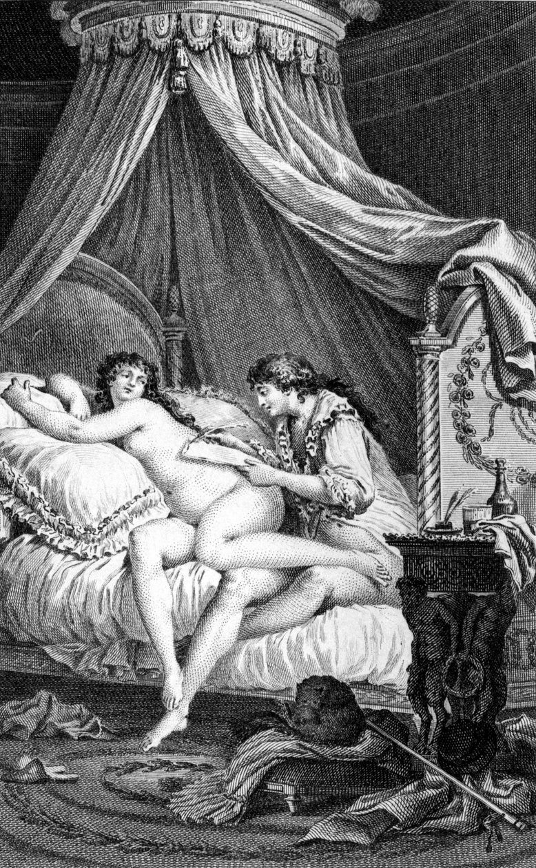 Ilustração para "Les Liaisons dangereuses" de Choderlos de Laclos. Gravura de Charles Monnet (1732 - 1808): Valmont escrevendo uma carta nas costas de Emilie (uma cortesã). de Charles Monnet