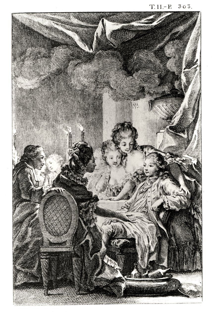 Cena de &39;L&39;Ingenu&39; por Voltaire (1694-1778) (gravura) (foto bw) de Charles Monnet