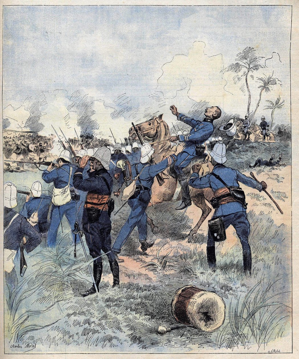 O Comandante Faurax morreu na batalha de Dogba em 19 de Setembro de 1892 em Dahomey (agora Benin) após a aquerelle de Morel de 1892. de Charles Morel