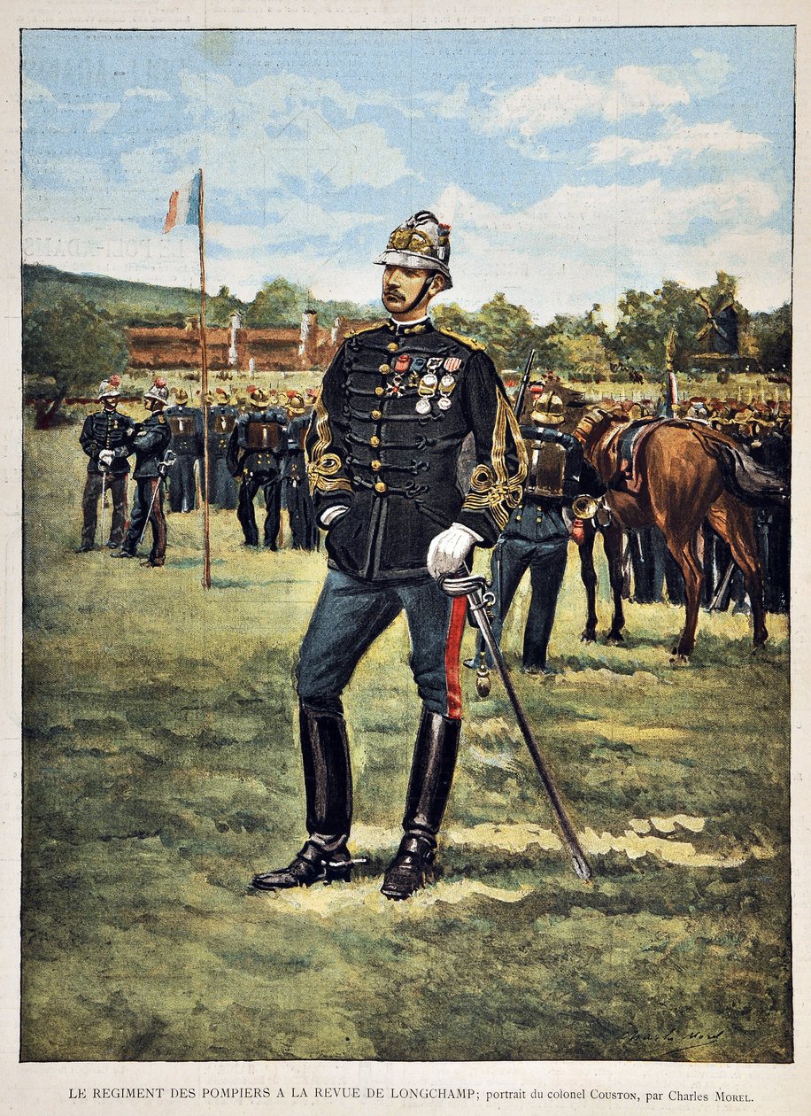 O Regimento de Bombeiros tem a revista Longchamps (Retrato do Coronel Couston), ilustração de Charles Morel (1861-1908). Gravura de 1887 no "Paris-Illustrous journal weekly". de Charles Morel