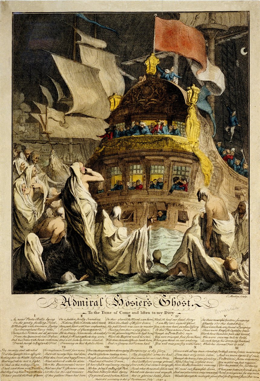O fantasma do almirante Hosier, a imagem representa um navio rodeado de fantasmas em mortalhas, com as fortificações de um porto de Charles Mosley