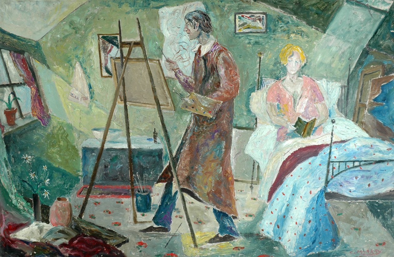 Autorretrato, o artista no seu estúdio (óleo sobre cartão duro) de Charles Murray