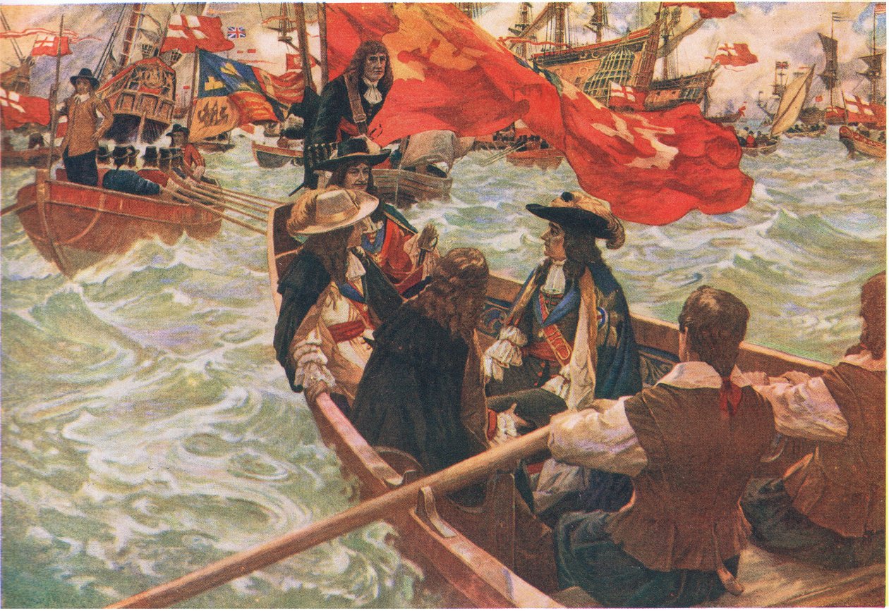 Regresso a casa de Carlos II, de Cassells History of the British People, publicado pela Waverley Book Company Limited, c.1940 (litografia a cores) de Charles Murray Padday