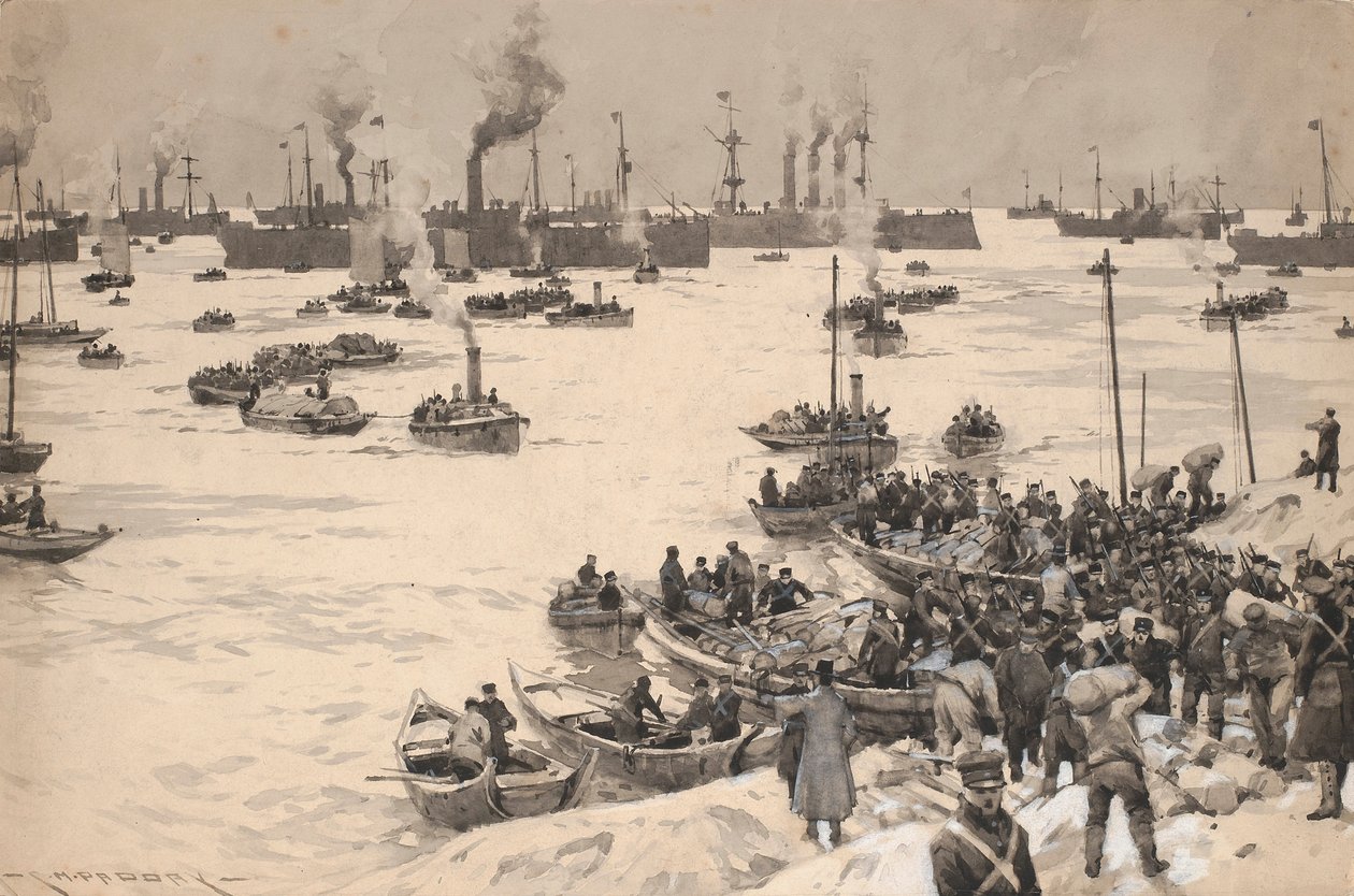 Tropas japonesas a desembarcar na Coreia em 1905. Desenho e lavagem (30,1x45,6 cm) de Charles M. Padday () , início do século XX. de Charles Murray Padday