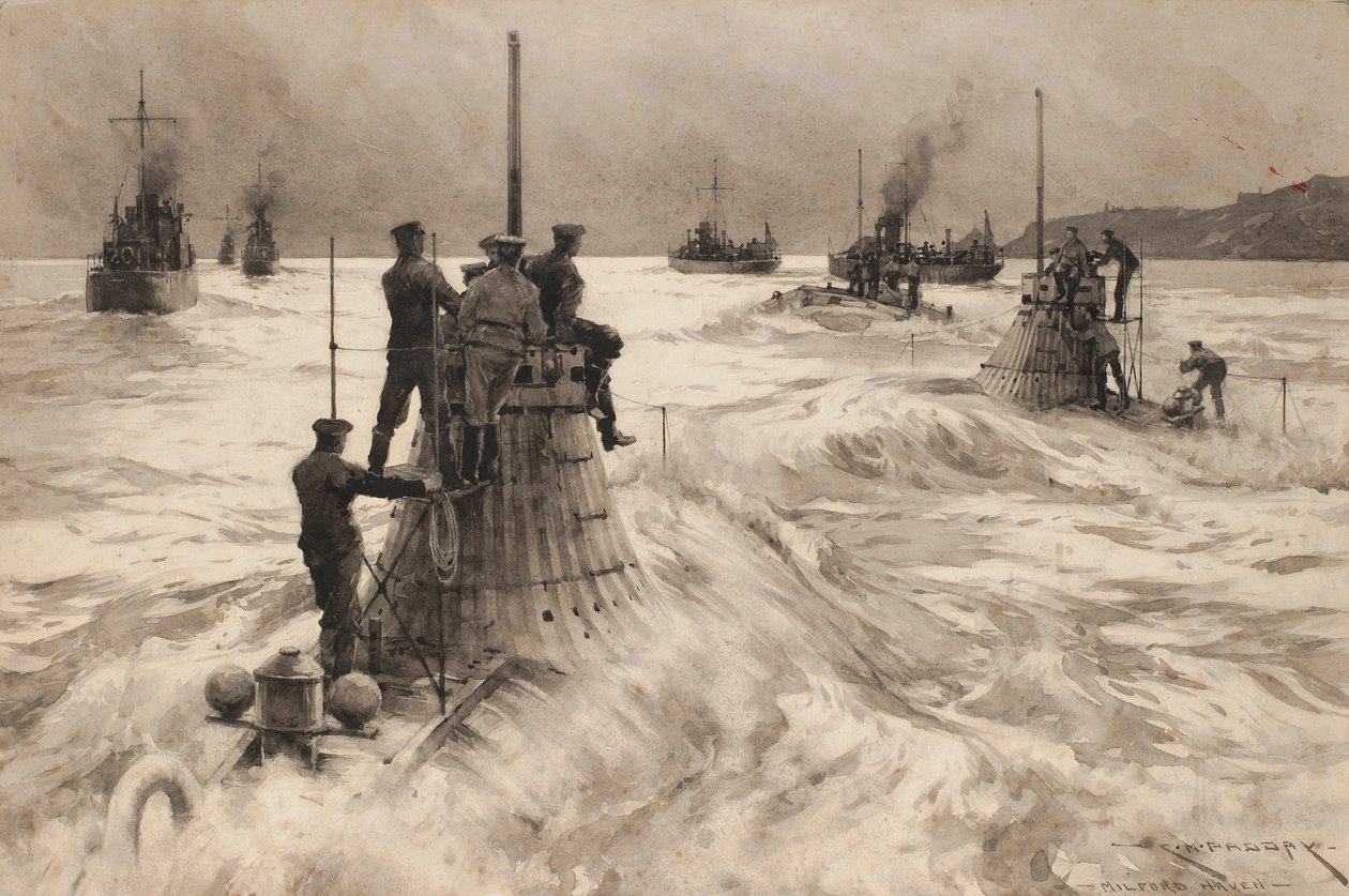 Novos submarinos britânicos partindo de Milford Haven (Inglaterra), para entrar em ação. Desenho e lavagem (30,4x45,5 cm) de Charles M. Padday () , início do século XX. de Charles Murray Padday