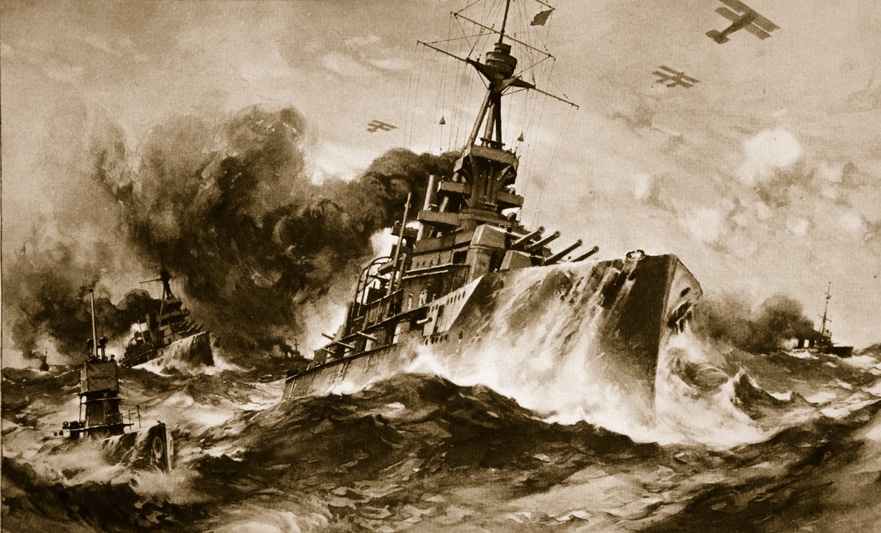 O esquadrão de batalha britânico a toda a velocidade em mares estreitos (litografia) de Charles Murray Padday