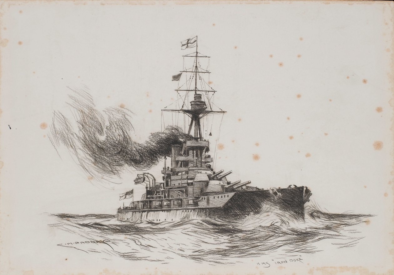 O navio britânico Iron Duke. Desenho (25,5x36,8 cm) de Charles M. Padday () , início do século XX. de Charles Murray Padday