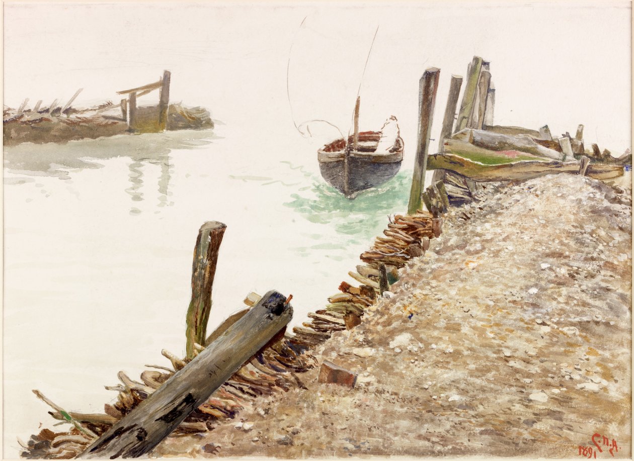 Bote que aproxima um molhe (bodycolour) de Charles Napier Hemy