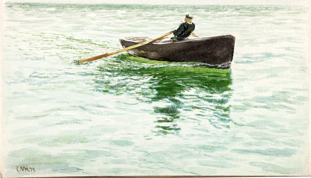 Homem, remar, um, bote, (bodycolour, e, aquarela, ligado, paper) de Charles Napier Hemy