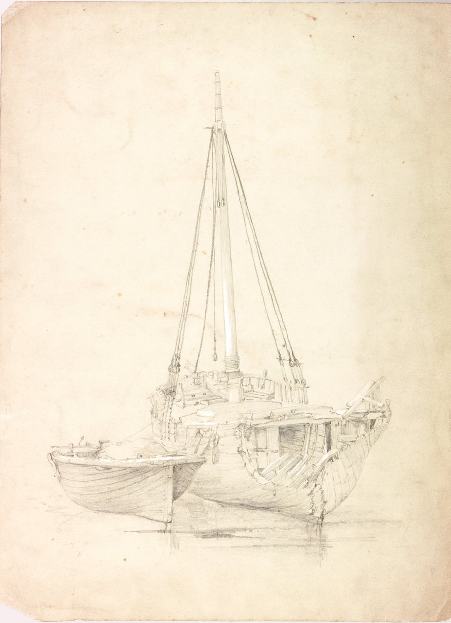 Velho barco de pesca e bote (bodycolour e lápis sobre papel) de Charles Napier Hemy