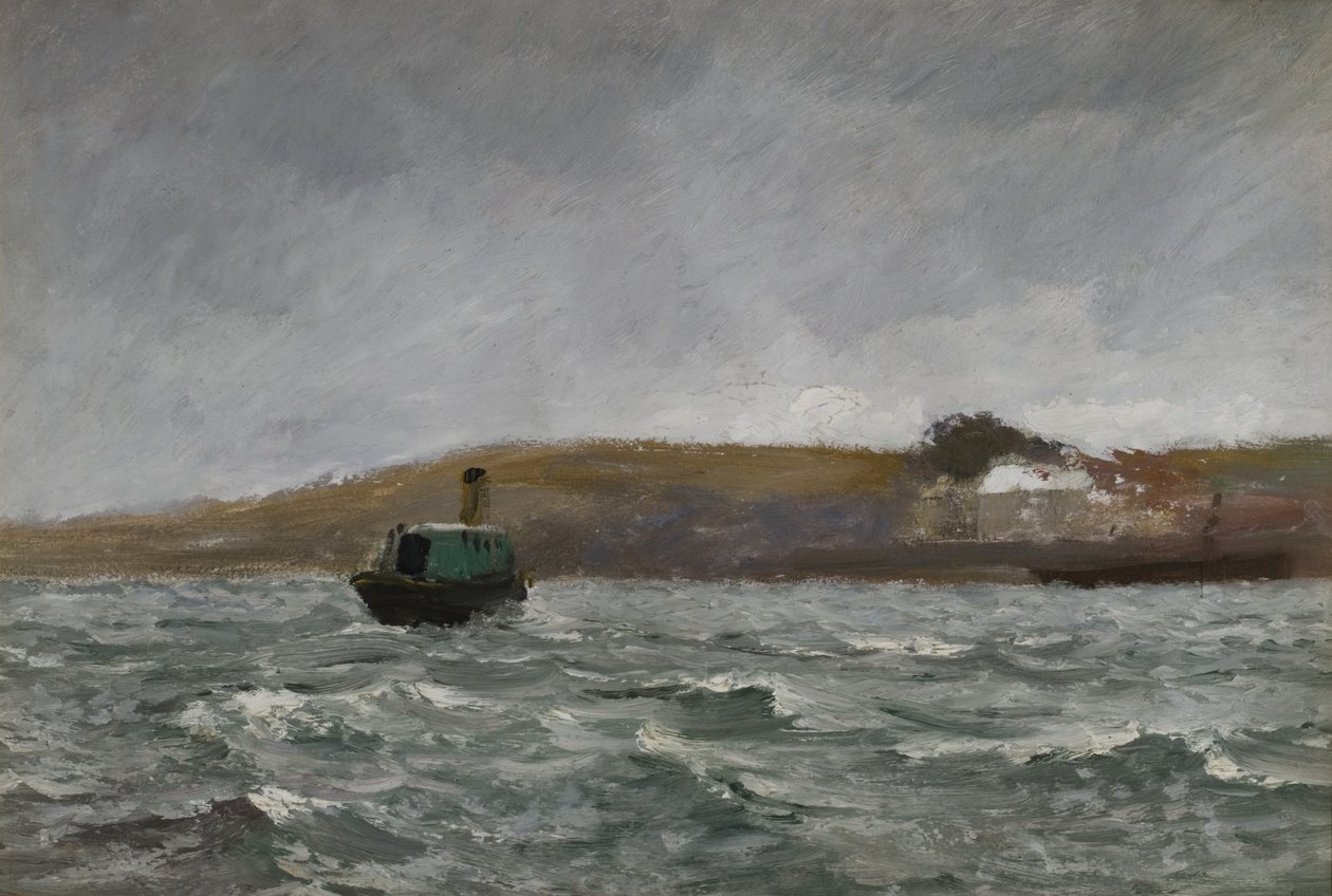 Seascape com rebocador (óleo sobre papel) de Charles Napier Hemy