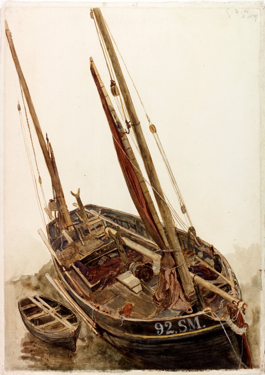Estudo de um barco de pesca e bote (bodycolour) de Charles Napier Hemy