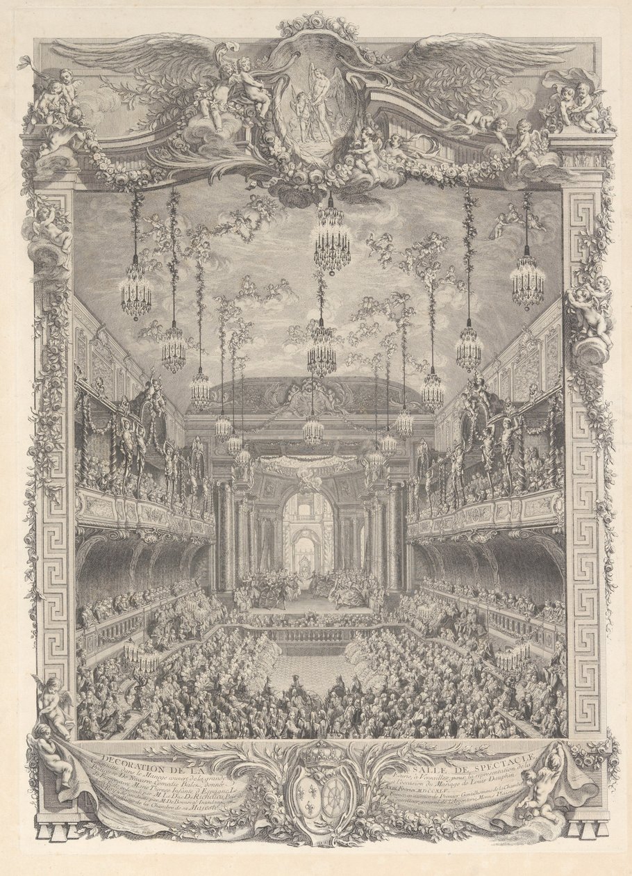 Decoração do auditório construído em Versalhes para a apresentação de ..., ca. 1745. de Charles Nicolas Cochin