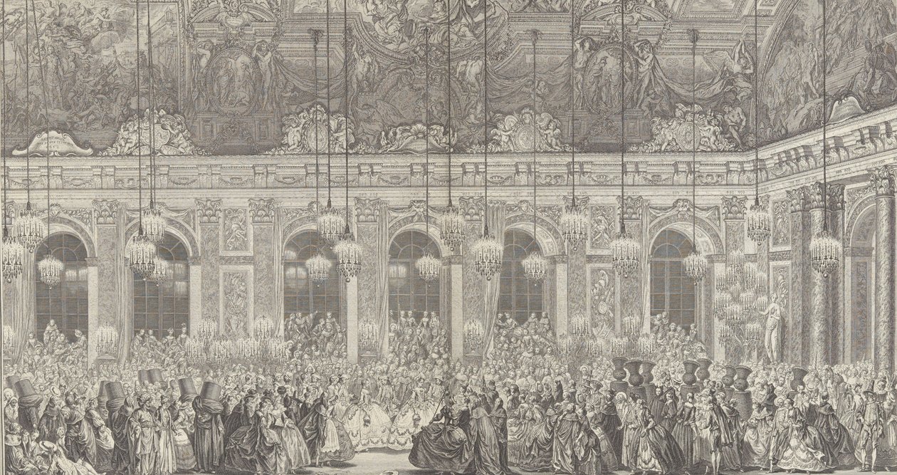 Decoração para um Baile de Máscaras em Versalhes, por Ocasião de t..., c. Reimpressão de 1860 da placa de 1764. de Charles Nicolas Cochin