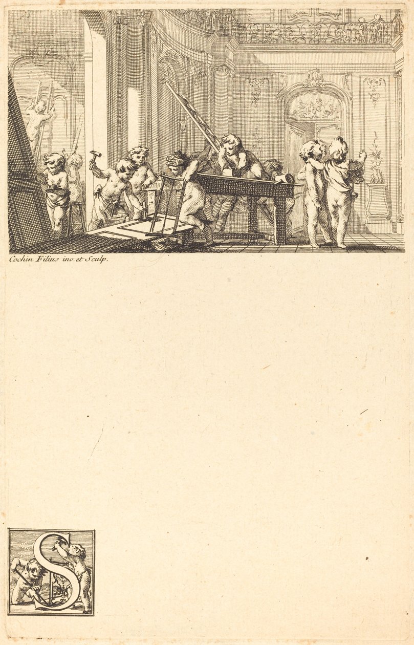 Putti preparando a decoração interior de uma mansão de Charles Nicolas Cochin II