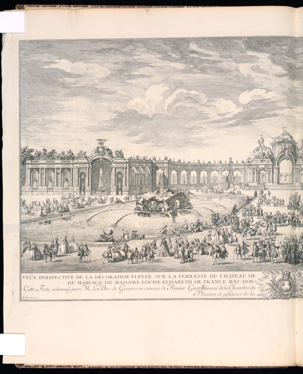 Bound Print, Veüe perspectiva da decoração erguida no terraço do Château de Versailles para a iluminação e os fogos de artifício que foram disparados por ocasião do casamento de Madame Louise-Elisabeth da França com Don Philippe Second Jnfant da Espanha em de Charles Nicolas Cochin the younger