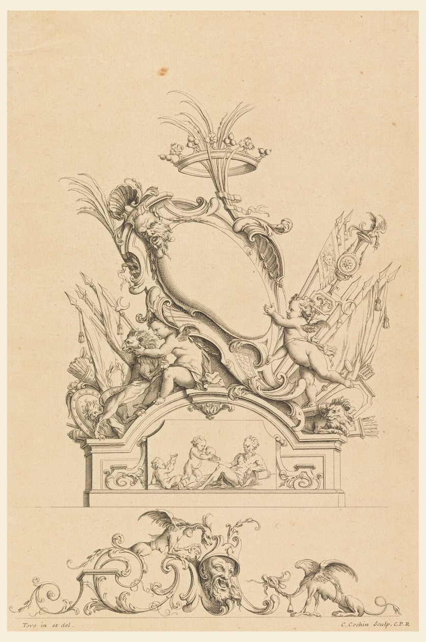 Design para Cartouche com Crown, Two Putti Servindo Baco e Dois Leões de "Cartouches Nouvellement Inventez" de Charles Nicolas Cochin the younger