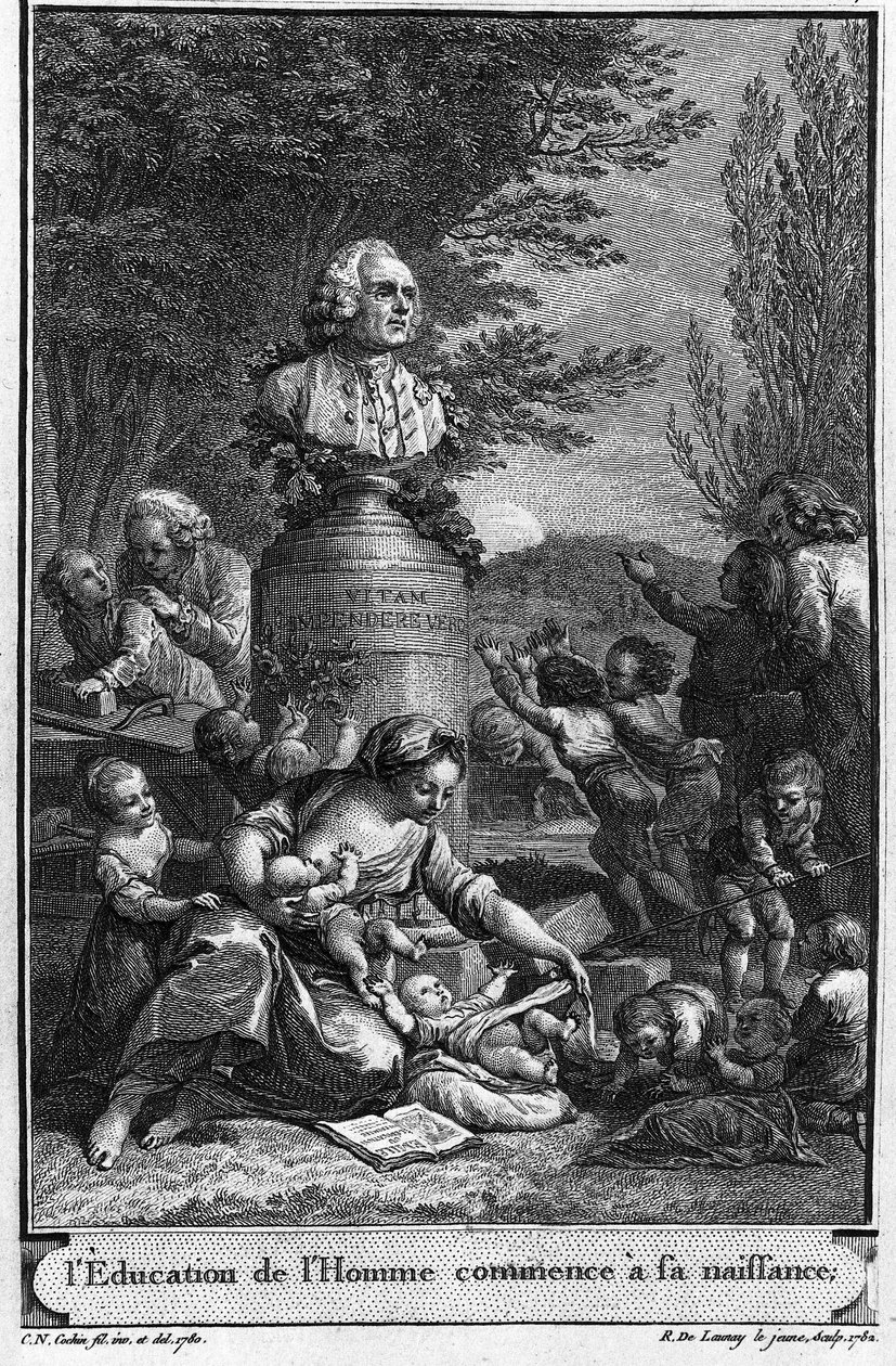 A educação humana começa no nascimento. Frontispício (1782) de Jean Jacques Rousseau gravado por Robert Delaunay o jovem (1749-1814) após um desenho (1780) de Charles Nicolas Cochin o jovem (1715-1790) com o busto do escritor. de Charles Nicolas II (after) Cochin