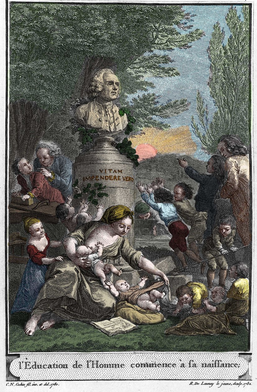 A educação humana começa no nascimento. Frontispício (1782) de "L