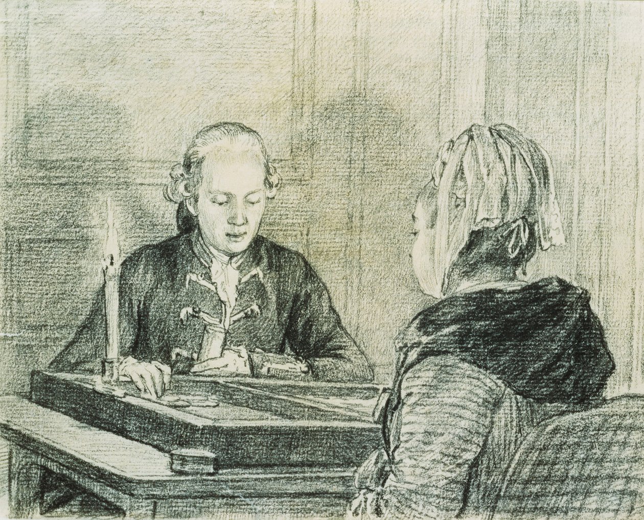 Um casal sentado, a senhora vista por trás, jogando gamão à luz de velas de Charles Nicolas II Cochin