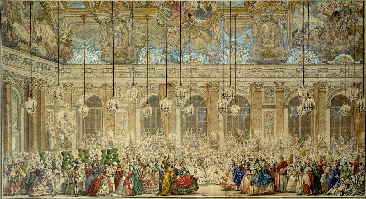 Máscara ou bola dos Ifs dá para o casamento de Louis Dauphin da França (1729-1765) com Marie Therese (Marie-Therese) da Espanha na Galeria Glace em Versalhes em fevereiro de 1745 Desenho com caneta e tinta de Charles Nicolas Cochin le Jeune (1715-1790) de Charles Nicolas II Cochin