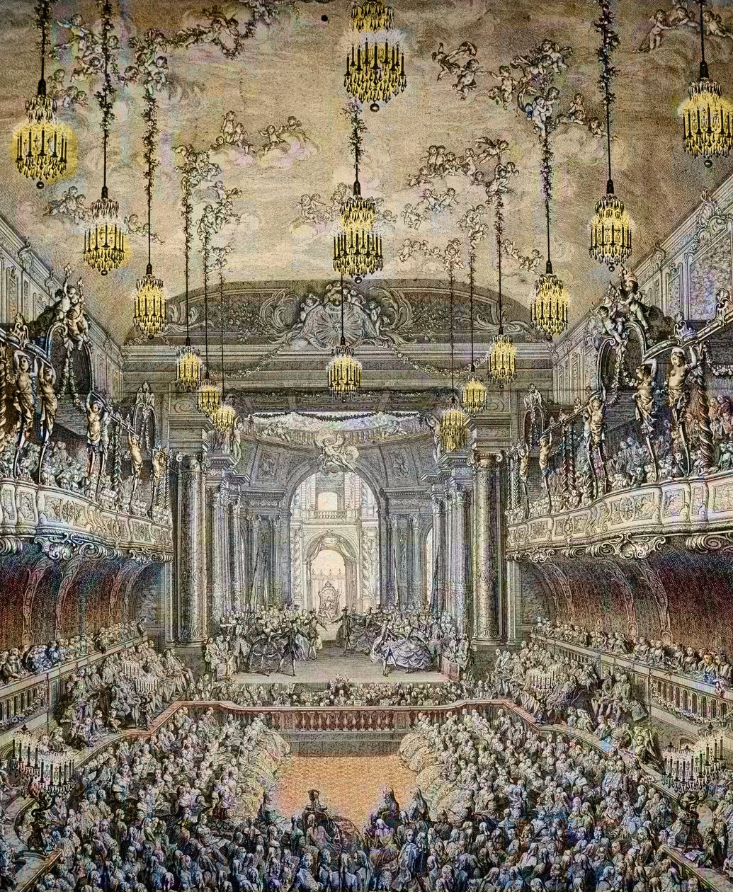 Representação da comédia de ballet "La Princesse de Navarre" em Versalhes, por ocasião do casamento de Louis Dauphin da França com Marie Therese (Marie-Therese) da Espanha (1726-1746) em Versalhes, em 23 de fevereiro de Charles Nicolas II Cochin