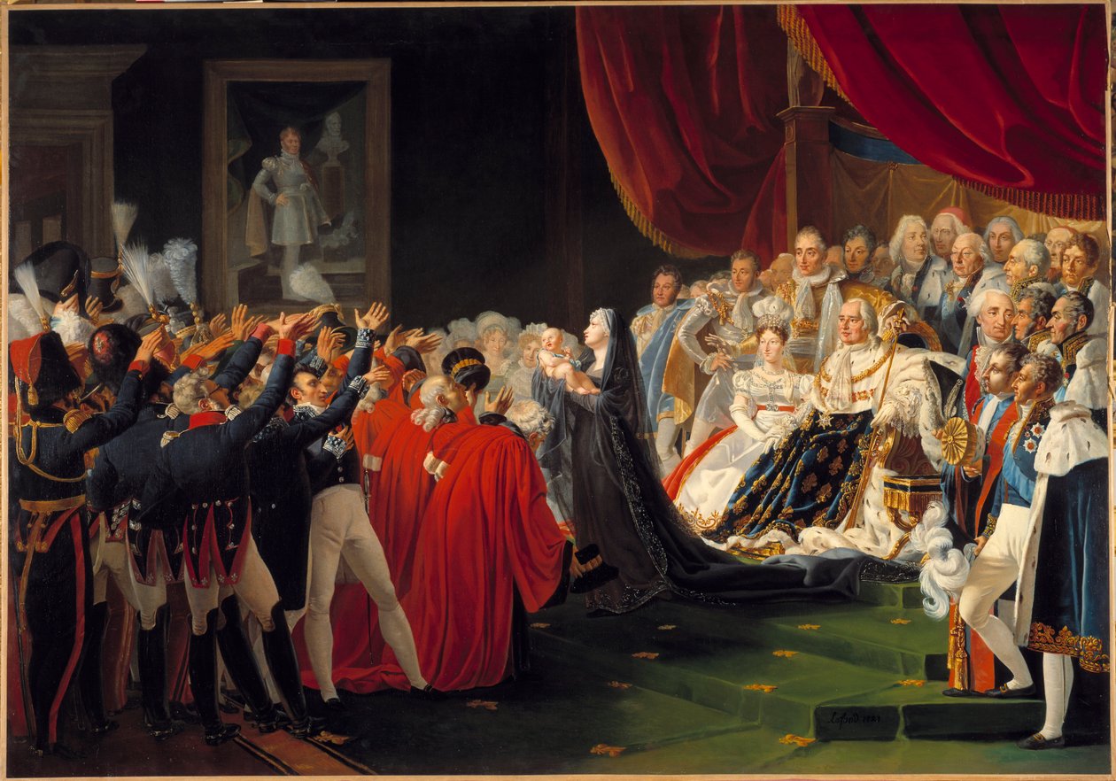 A Duquesa de Berry apresenta ao povo e ao exército o seu filho, o Duque de Bordeaux: Marie Caroline de Bourbon Sicily, Duquesa de Berna, apresenta o seu filho Duque de Bordéus ao povo e ao exército, na presença do Rei Luís XVIII, rodeia de Charles Nicolas Raphael Lafond