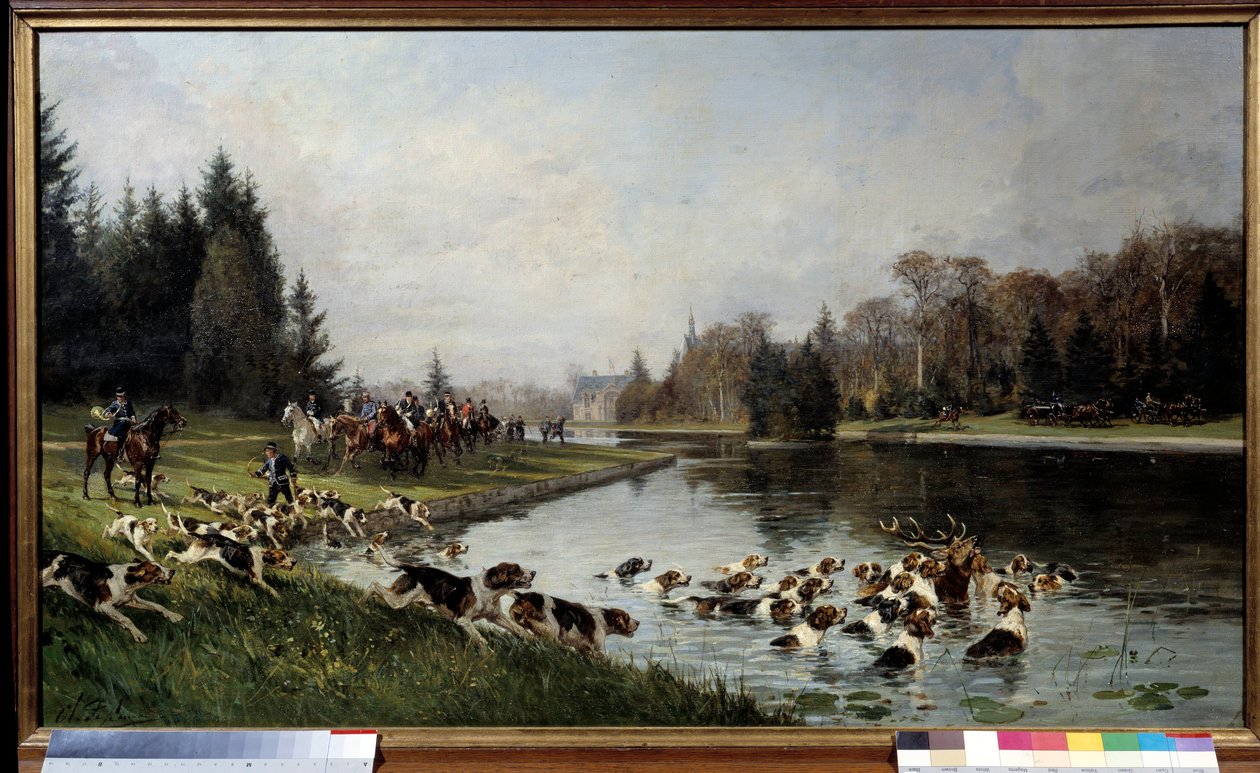 Caçar uma corrida: "O hallali do veado no lago de Sulvie, caça ao Duque de Aumale" Pintura de Charles Olivier de Penne (1831-1897) 1880 Sol. 0,77x1,33 m Chantilly, musee Conde - Caça aos cães de caça: Halloos do veado na lagoa de Sulvie, caça de de Charles Oliver de Penne