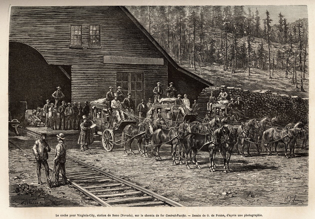 A estação de Reno, para levar o carrapato para Virginia City (Nevada), na Central Pacific Railway (Pacífico Central), gravada após o desenho de O. de Penne, ilustrando a viagem de Washington a São Francisco, em 1868, por L. Simonin, publicada em "Le t de Charles Oliver de Penne