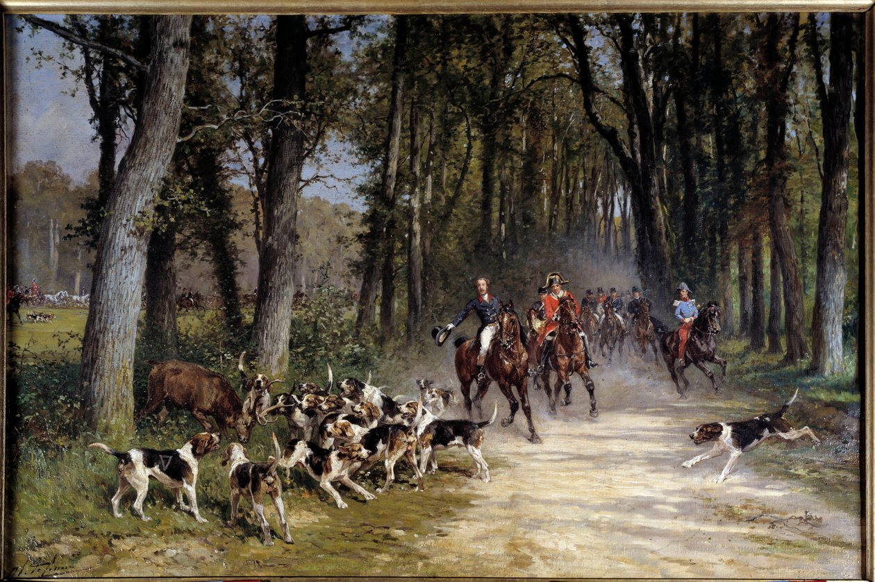 O duque de caça de Orleans correu para o bosque de Sylvie. Pintura de Charles Olivier De Penne (1831-1897) de Charles Oliver de Penne