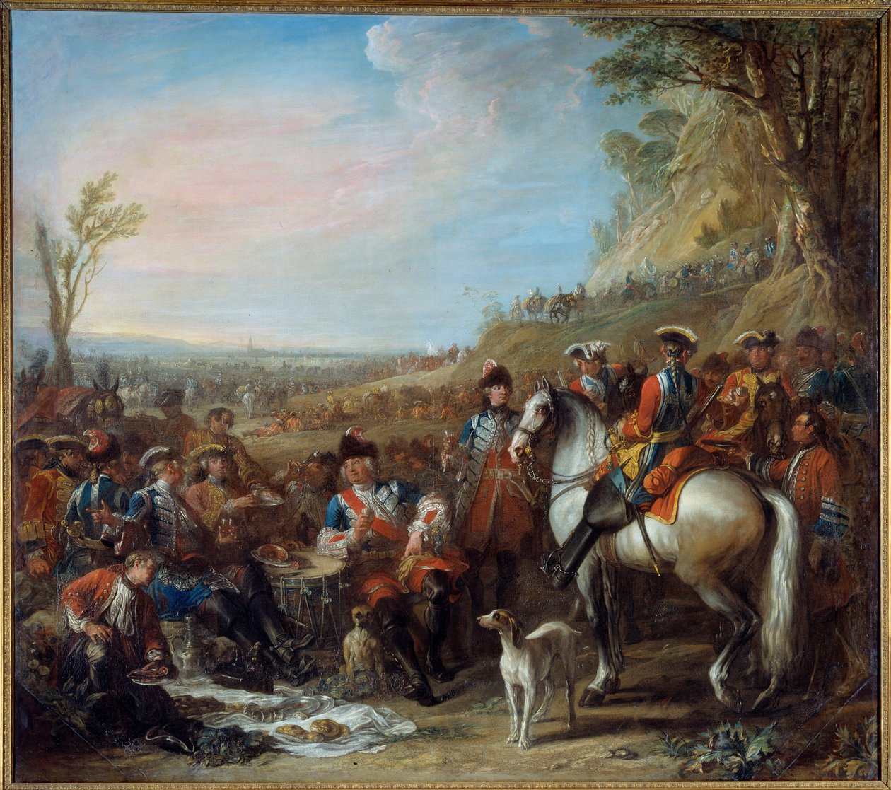 Parada dos granadeiros a cavalo da casa do rei (1734). No centro, Monsieur de Creil, Comandante. Pintura de Charles Parrocel (1688 - 1752) de Charles Parrocel