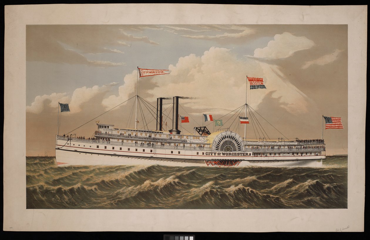 Navio a vapor americano City of Worcester Norwich Line com destino a Boston via New London e Norwich (litografia, a cores) de Charles Parsons