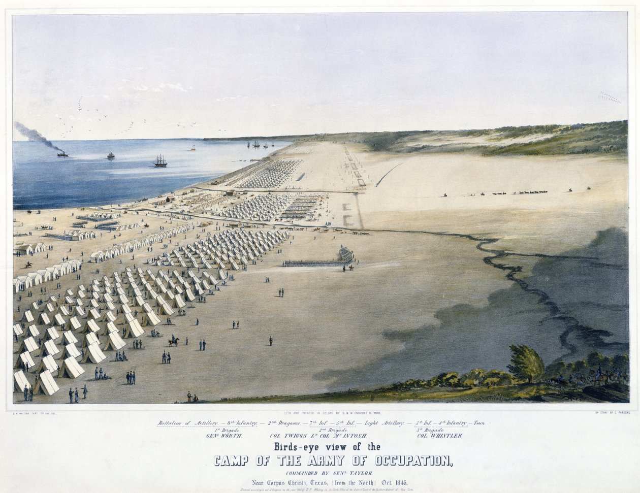 Vista aérea do Acampamento do Exército de Ocupação, comandado por Genl. Taylor. Perto de Corpus Christi, Texas, [do Norte] outubro de 1845. de Charles Parsons