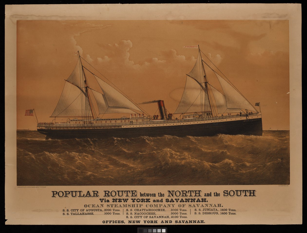 Rota popular entre o Norte e o Sul via Nova Iorque e Savannah, Ocean Steamship Company of Savannah... Cidade de Augusta... (litografia, colorida) de Charles Parsons