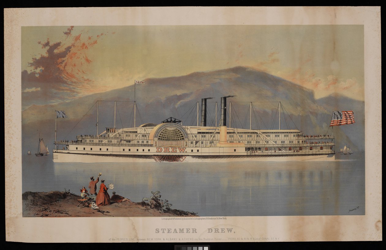 Navio a vapor Drew, da "Peoples Line" entre Nova Iorque e Albany e Atenas no rio Hudson - cais 40 e 41 N.R. ao pé do Canal St N.Y. de Charles Parsons