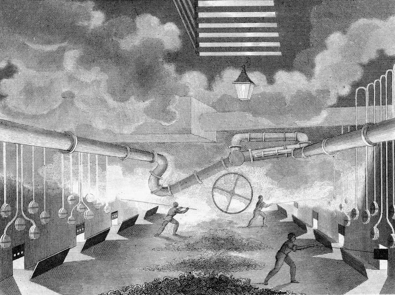 Vista geral de uma usina a gás, mostrando retortas sendo cobradas, 1835 de Charles Partington