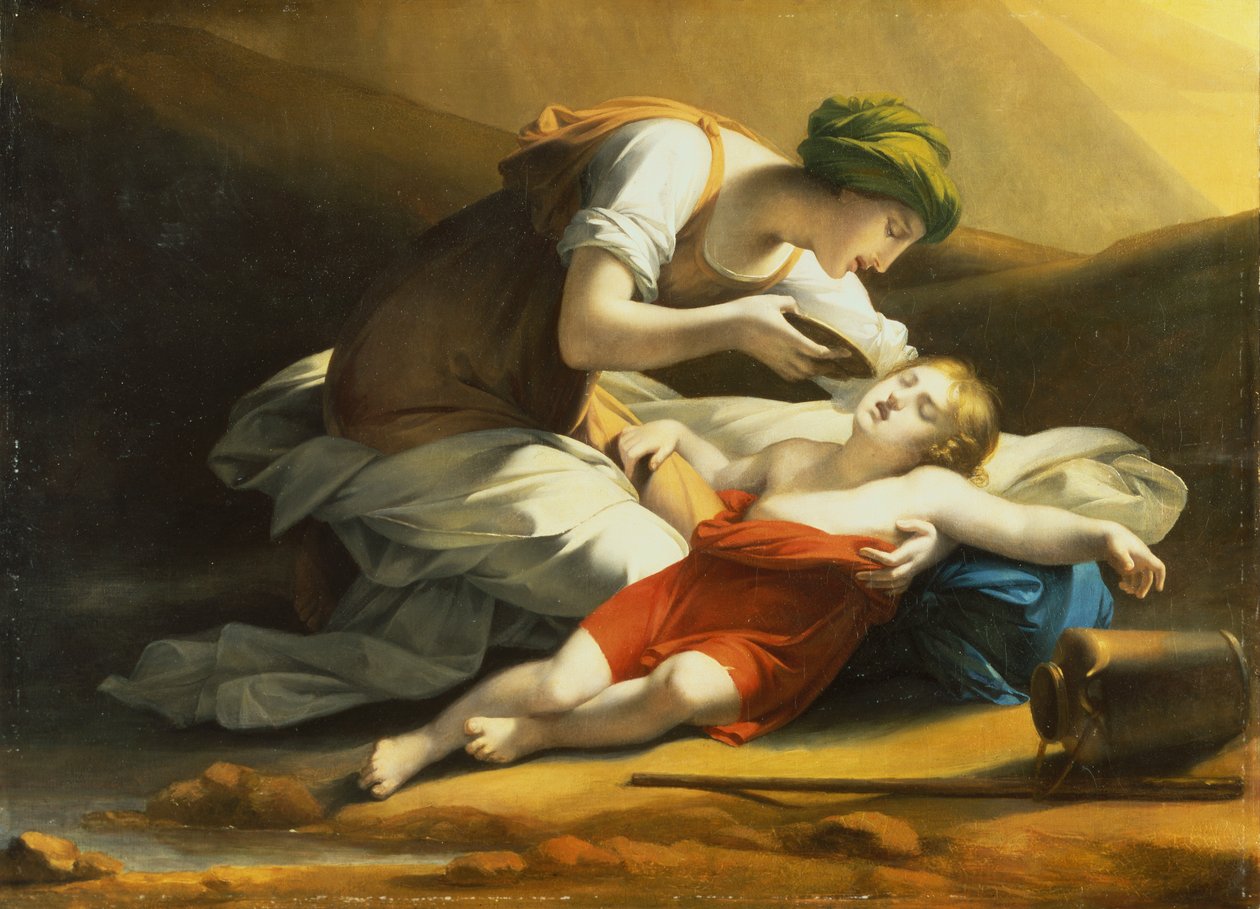 Hagar que dá água de Ismael do Poço Milagroso no Deserto (óleo sobre tela) de Charles Paul Landon