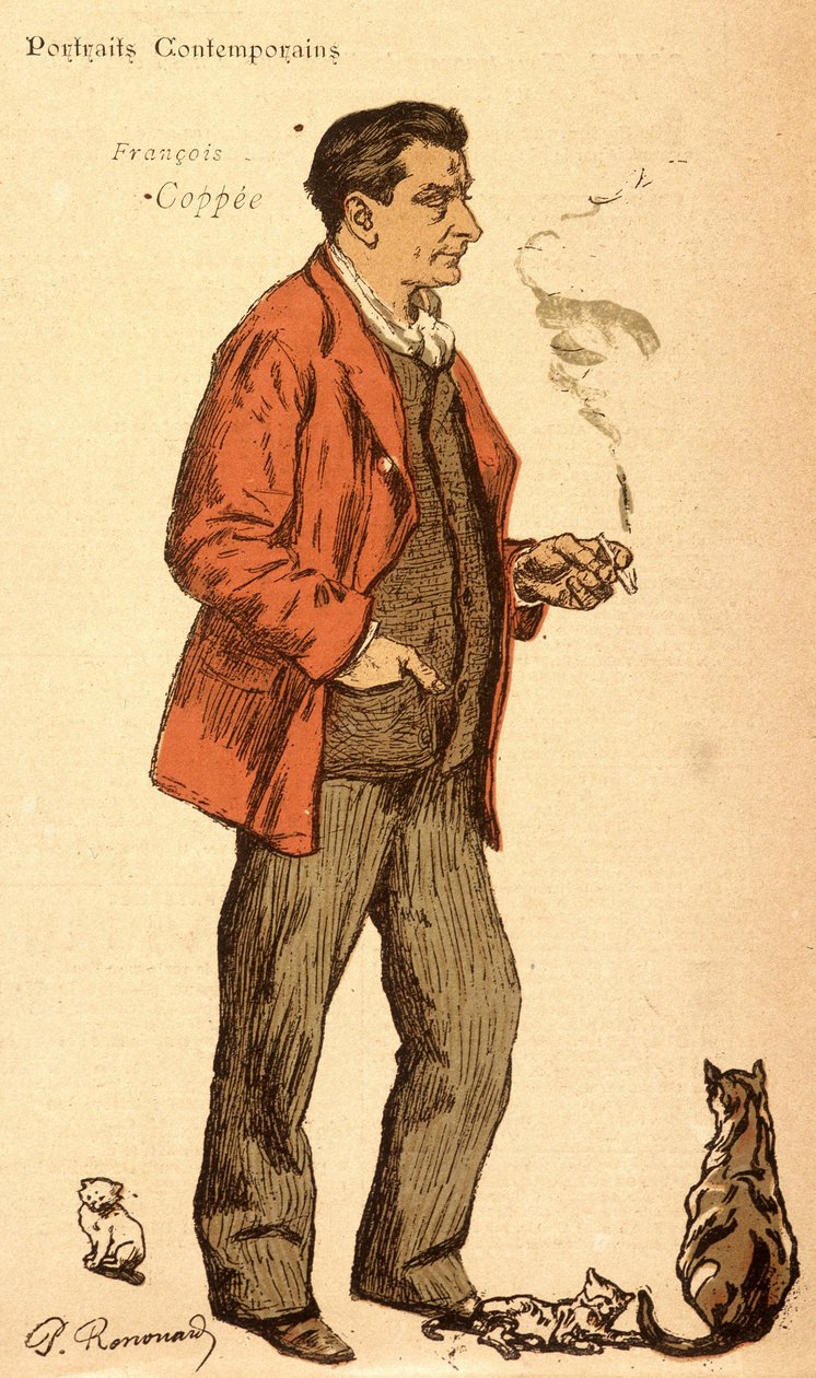 François Coppée fumando um cigarro e com gatos de Charles Paul Renouard