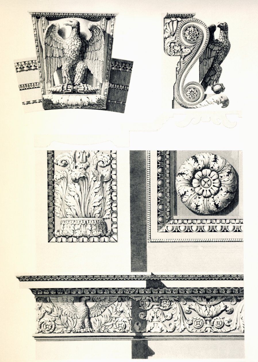 Decoração com águias, rosetas e folhas de acanto para o Arco do Triunfo do Carrossel, de Charles Percier (1764-1838) e Pierre Francois Leonard Fontaine (1762-1853), gravura de Louis Pierre Baltard (1764-1846), detalhe, França de Charles Percier