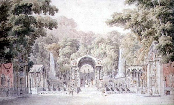 Desenho para um Palco com um Templo de Vénus num Jardim arborizado para o "Anacreon" de Gretry de Charles Percier