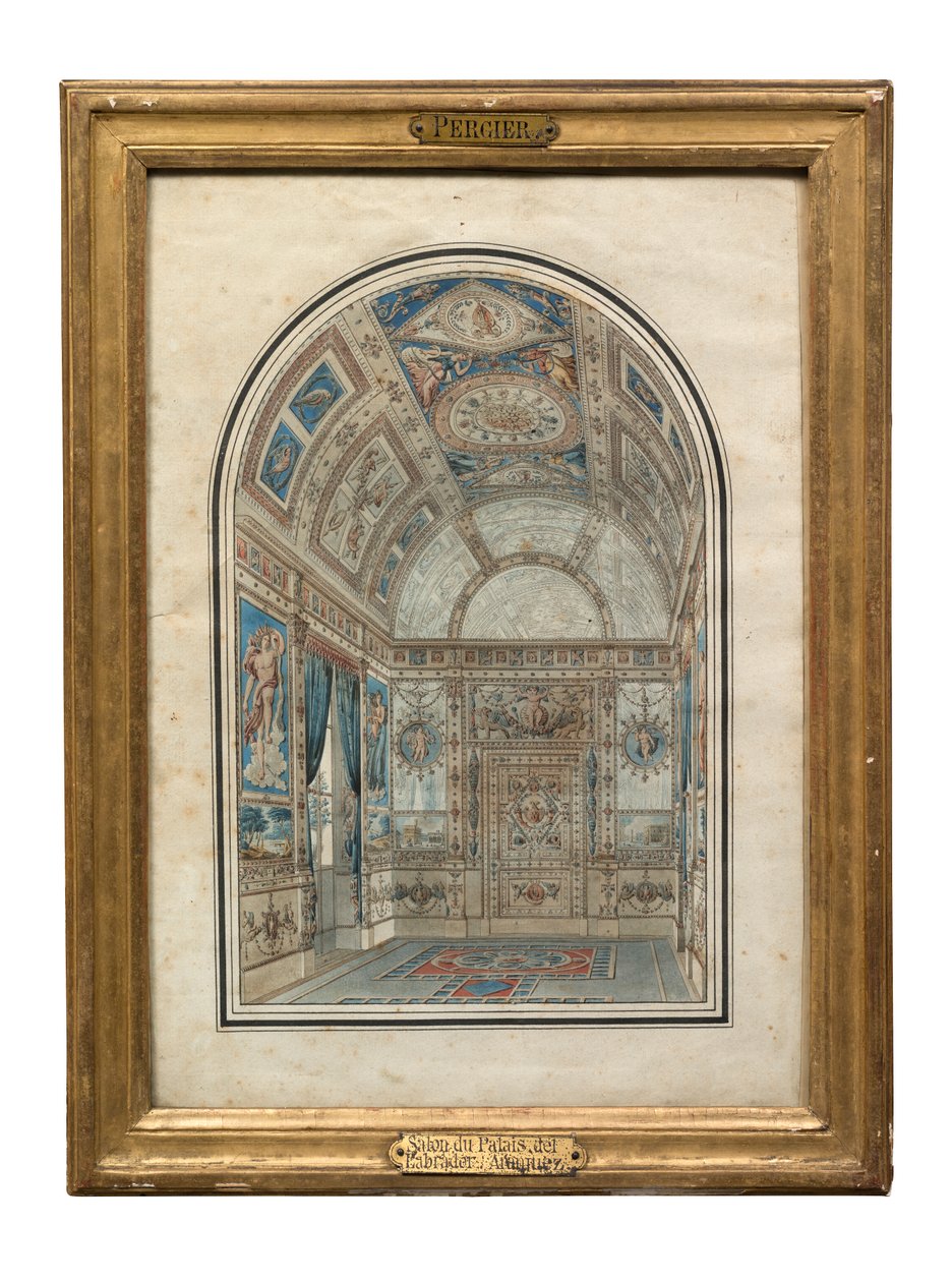 Quarto na Casa del Labrador, Palácio Real de Aranjuez (caneta, tinta e wc no papel) de Charles Percier