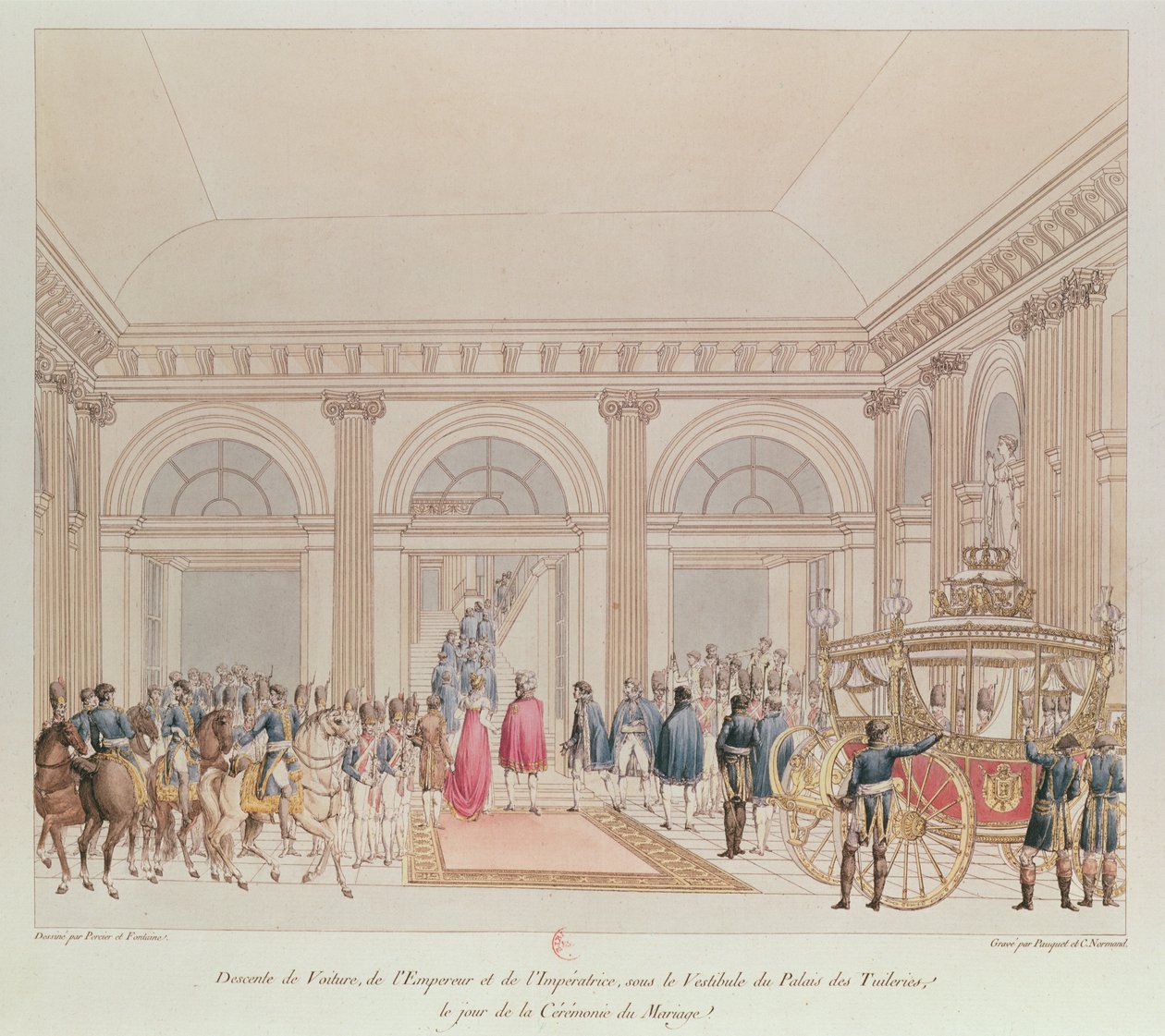 A descida do Imperador e Imperatriz da carruagem sob o vestíbulo do Palácio das Tulherias no dia do casamento (gravura a cores) de Charles Percier