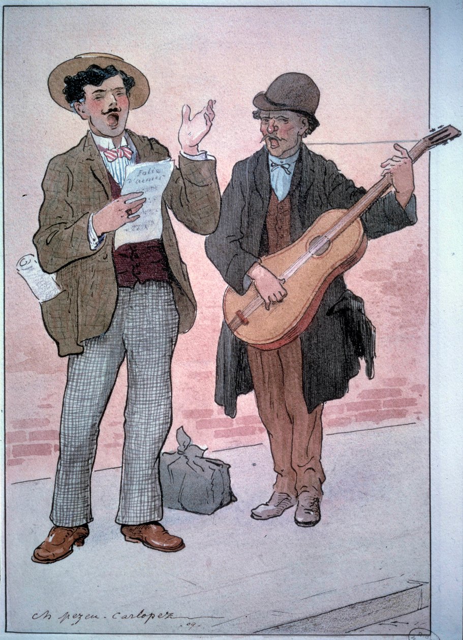 Pequenos Metiers de Paris: cantores de rua. Desenho de Charles Pezeu dit Carlopez (século XX) de Charles Pezeu Carlopez