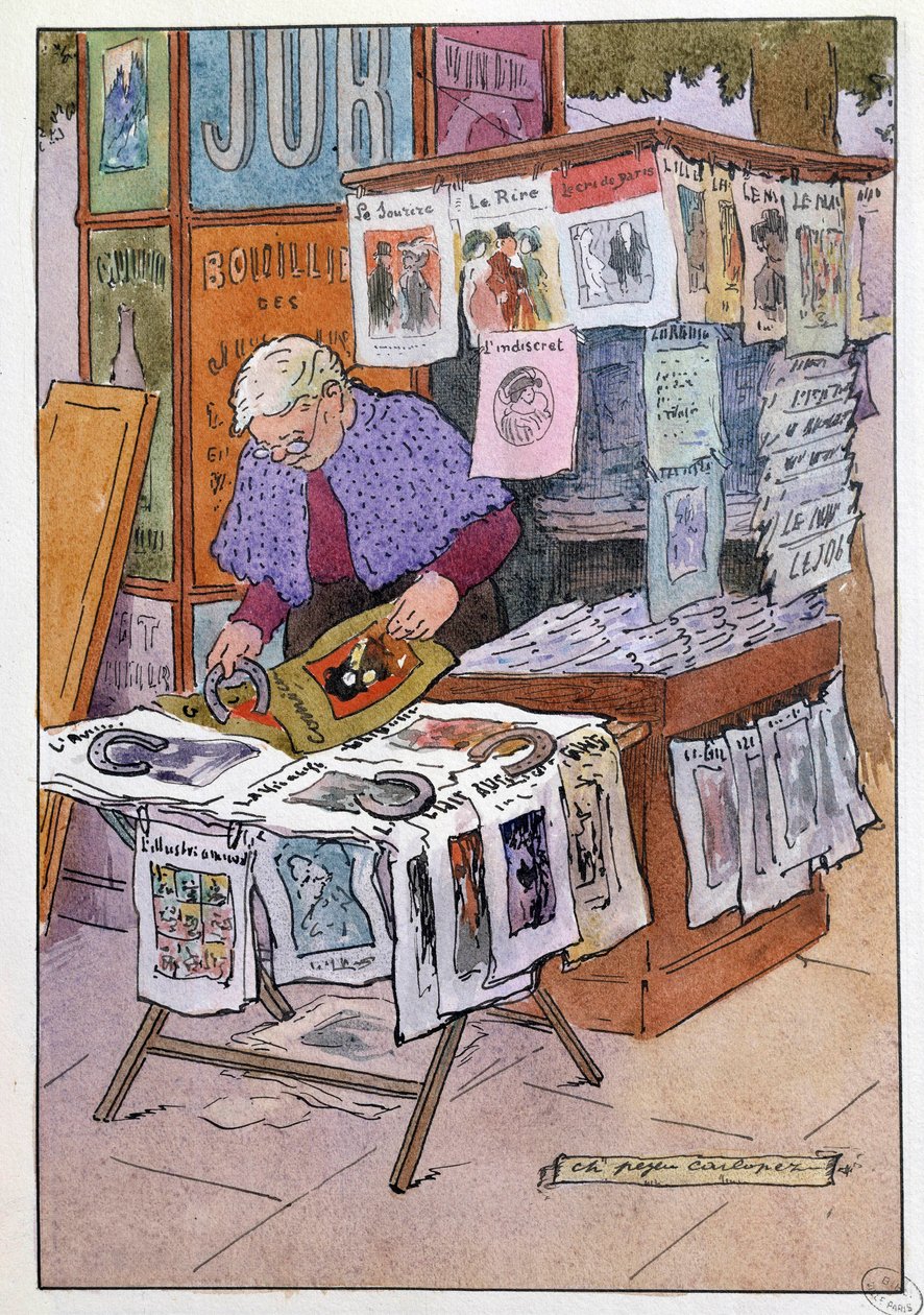 Pequenos Metiers de Paris: o quiosque tem jornais. Desenho de Charles Pezeu dit Carlopez (século XX) de Charles Pezeu Carlopez